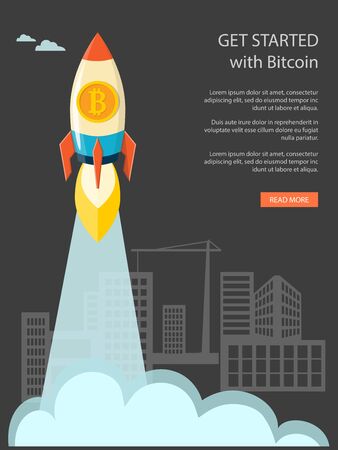 Flat illustration banner with starting of rocket and symbol of bitcoin. Concept  growing of bitcoin.のイラスト素材