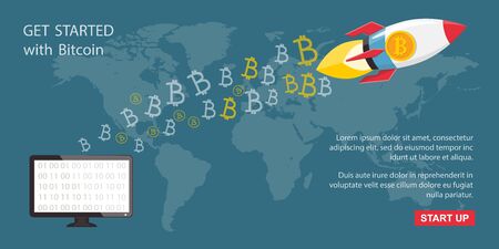 Flat illustration banner with started rocket with hand drawn symbols of bitcoin flying from computer. Concept of growing bitcoin.のイラスト素材