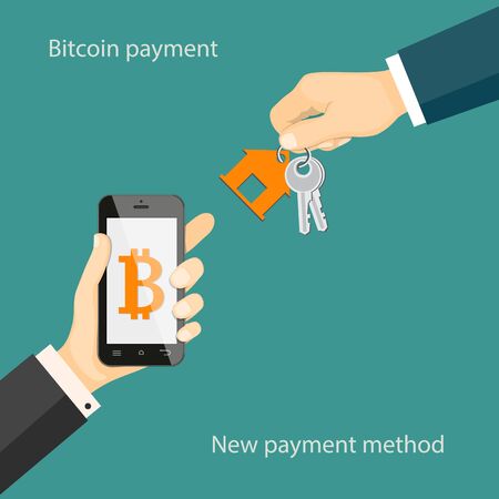 Flat modern concept of financial operations with bitcoin, bitcoin payment, rent, sale, business. The man hand giving house keys and other holding a mobile phone with  bitcoin symbol. EPS 10のイラスト素材