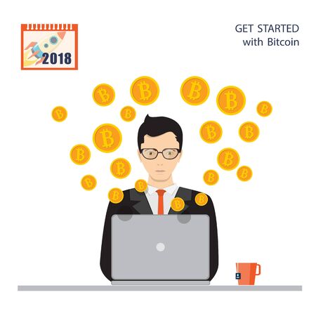 Flat  illustration businessman working at the laptop and flying bitcoin cash money. Concept of bitcoin mining with computer technology. eps 10.のイラスト素材