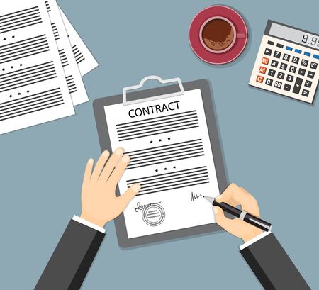 Businessman signing a contract. Flat concept of business financial agreement, management, marketing. Top view the workplace, man hand holding a pen, paper document with sign, cup of coffee.のイラスト素材