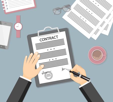 Businessman signing a contract. Flat concept of business financial agreement, management, marketing. Top view the workplace, man hand holding a pen, paper document with sign and stationery.のイラスト素材