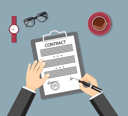 Businessman signing a contract. Flat concept of business financial agreement, management, marketing. Top view the workplace, man hand holding a pen, paper document with sign, glasses, wristwatch, coffee.のイラスト素材