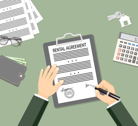 Man signing a rental agreement. Flat concept of financial operations, rent, sale. Top view the workplace, man hand holding a pen, paper document with sign and stamp, keys and stationery. EPS 10のイラスト素材