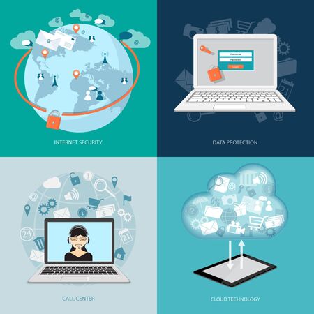 Flat modern design set of website banner internet security, data protection, call center and cloud technology. EPS10.のイラスト素材