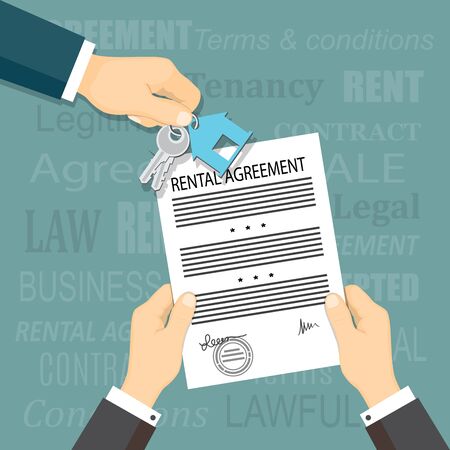  Flat modern concept of financial operations, rent, sale, business. Top view the man hand giving keys and hands holding a rental agreement and words on the background. EPS 10のイラスト素材