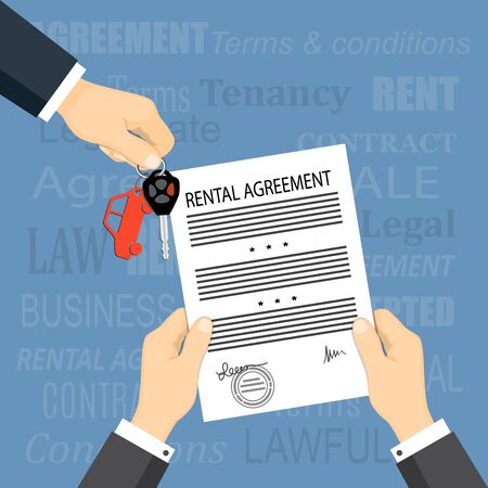 Flat modern concept of financial operations, rent, sale, business. The man hand giving car keys and hands holding a rental agreement and words on the background.のイラスト素材