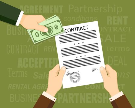 Flat concept of financial operations, rent, sale, business. Top view the man hand giving money and hands holding a contract. The words on the background.のイラスト素材