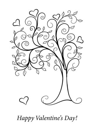 Vector monochrome illustration concept for Valentine Day greeting card, decoration romantic holidays. Doodle hand drawn black contour tree  hearts. Earth Day flyer design.のイラスト素材