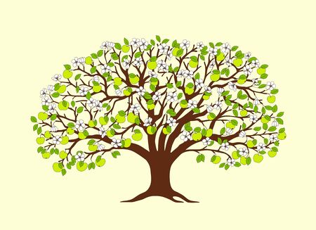 Cartoon apple tree  green apples, flowers and leaves  on the white background.  Cartoon illustration for children books, home art, decoration wall, logo and Earth Day flyer design.のイラスト素材