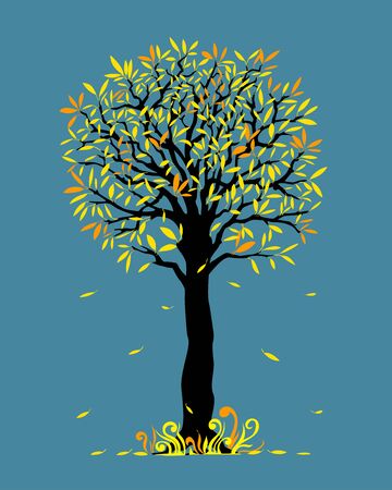 Vector illustration black tree  yellow and orange leaves. Falling leaves  and doodle grass. Cartoon illustration for children books, home art, decoration wall, logo, label and Earth Day flyer design.のイラスト素材