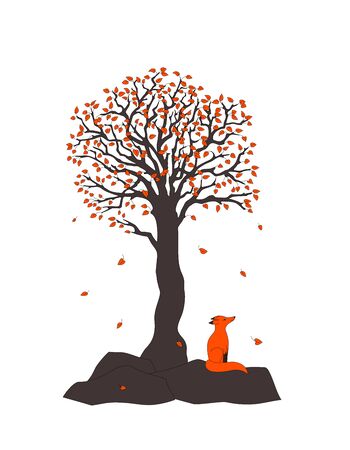 Beautiful red fox sits on the stone under tree  falling red leaves.  on white background.  Cartoon illustration for children books, home art, decorate wall, logo, label and Earth Day flyer design.のイラスト素材