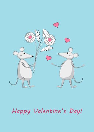 Cute cartoon  pair  mice in love  flowers and heart shapes. Text Happy Valentine's Day. Illustration for greeting valentine card, decoration romantic holiday, party, wall  kids room.  .のイラスト素材