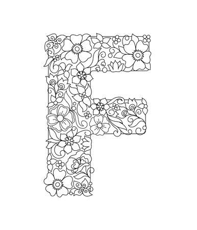 Capital letter F patterned with hand drawn doodle abstract flowers and leaves. Monochrome page anti stress adult coloring book. Vector illustration floral letters English language alphabet. EPS 10のイラスト素材