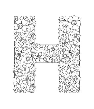 Capital letter H patterned with hand drawn doodle abstract flowers and leaves. Monochrome page anti stress adult coloring book. Vector illustration floral letters English language alphabet. EPS 10のイラスト素材