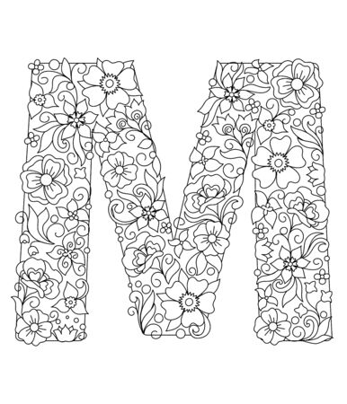 Capital letter M patterned with hand drawn doodle abstract flowers and leaves. Monochrome page anti stress adult coloring book. Vector illustration floral letters English language alphabet. EPS 10のイラスト素材