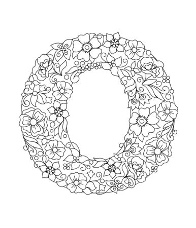 Capital letter O patterned with hand drawn doodle abstract flowers and leaves. Monochrome page anti stress adult coloring book. Vector illustration floral letters English language alphabet. EPS 10のイラスト素材