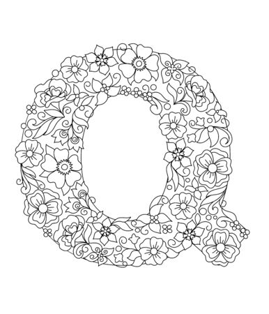 Capital letter Q patterned with hand drawn doodle abstract flowers and leaves. Monochrome page anti stress adult coloring book. Vector illustration floral letters English language alphabet. EPS 10

のイラスト素材