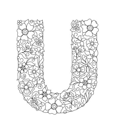 Capital letter U patterned with hand drawn doodle abstract flowers and leaves. Monochrome page anti stress adult coloring book. Vector illustration floral letters English language alphabet. EPS 10

のイラスト素材