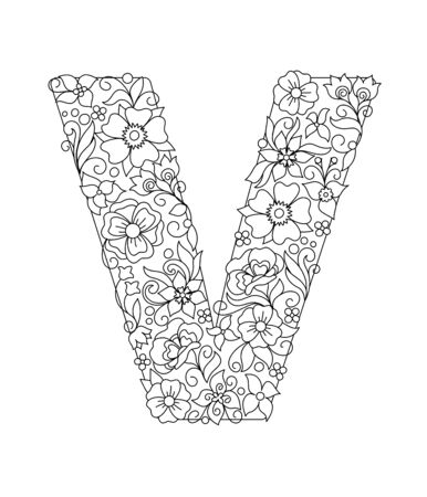 Capital letter V patterned with hand drawn doodle abstract flowers and leaves. Monochrome page anti stress adult coloring book. Vector illustration floral letters English language alphabet. EPS 10のイラスト素材