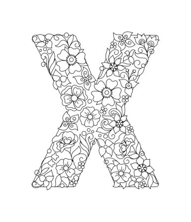 Capital letter X patterned with hand drawn doodle abstract flowers and leaves. Monochrome page anti stress adult coloring book. Vector illustration floral letters English language alphabet. EPS 10のイラスト素材
