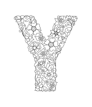 Capital letter Y patterned with hand drawn doodle abstract flowers and leaves. Monochrome page anti stress adult coloring book. Vector illustration floral letters English language alphabet. EPS 10のイラスト素材