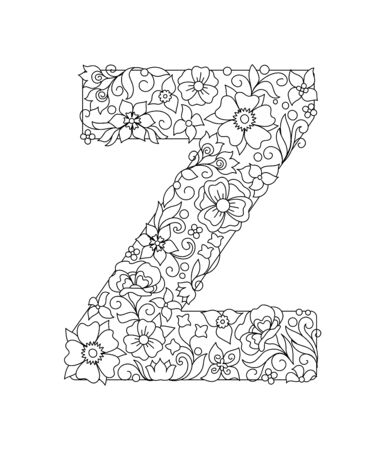 Capital letter Z patterned with hand drawn doodle abstract flowers and leaves. Monochrome page anti stress adult coloring book. Vector illustration floral letters English language alphabet. EPS 10のイラスト素材