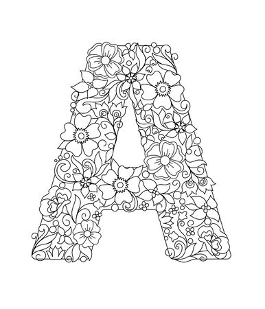 Capital letter A patterned with hand drawn doodle abstract flowers and leaves. Monochrome page anti stress adult coloring book. Vector illustration floral letters English language alphabet. EPS 10のイラスト素材