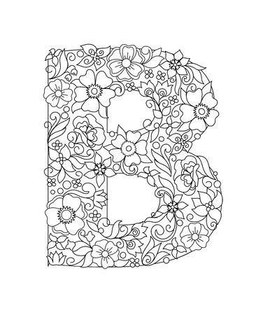 Capital letter B patterned with hand drawn doodle abstract flowers and leaves. Monochrome page anti stress adult coloring book. Vector illustration floral letters English language alphabet. EPS 10のイラスト素材