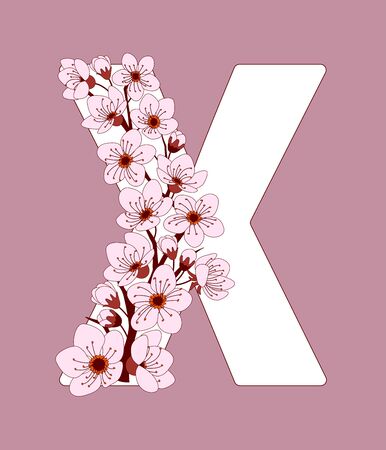Capital letter X patterned with hand drawn doodle flowers of cherry blossom. Colorful vector illustration font with sakura twigs. Letter of alphabet English language. EPS 10

のイラスト素材