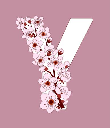 Capital letter Y patterned with hand drawn doodle flowers of cherry blossom. Colorful vector illustration font with sakura twigs. Letter of alphabet English language. EPS 10のイラスト素材