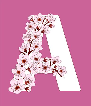 Capital letter A patterned with hand drawn doodle flowers of cherry blossom. Colorful vector illustration font with sakura twigs. Letter of alphabet English language. EPS 10のイラスト素材