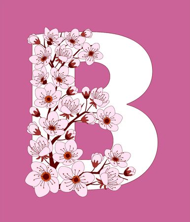 Capital letter B patterned with hand drawn doodle flowers of cherry blossom. Colorful vector illustration font with sakura twigs. Letter of alphabet English language. EPS 10のイラスト素材