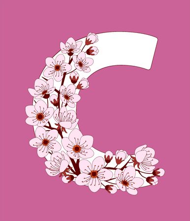 Capital letter C patterned with hand drawn doodle flowers of cherry blossom. Colorful vector illustration font with sakura twigs. Letter of alphabet English language. EPS 10

のイラスト素材