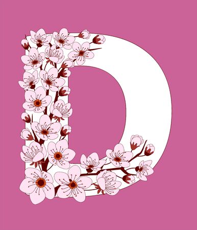 Capital letter D patterned with hand drawn doodle flowers of cherry blossom. Colorful vector illustration font with sakura twigs. Letter of alphabet English language. EPS 10

のイラスト素材