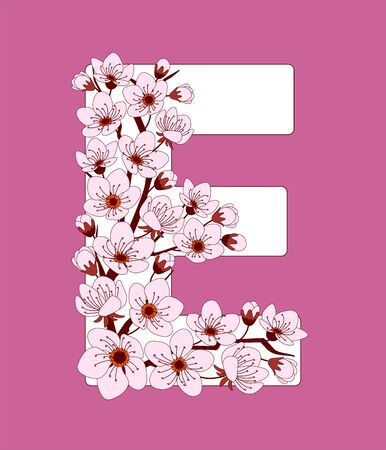 Capital letter E patterned with hand drawn doodle flowers of cherry blossom. Colorful vector illustration font with sakura twigs. Letter of alphabet English language. EPS 10のイラスト素材