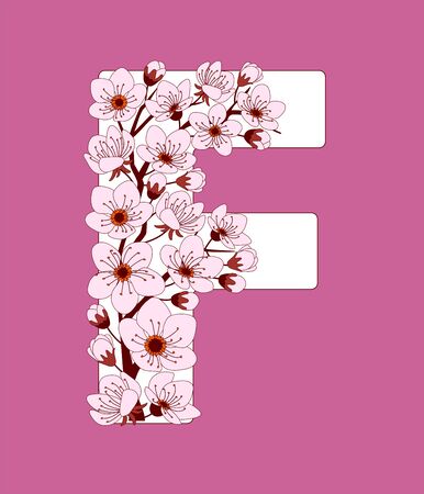 Capital letter F patterned with hand drawn doodle flowers of cherry blossom. Colorful vector illustration font with sakura twigs. Letter of alphabet English language. EPS 10のイラスト素材