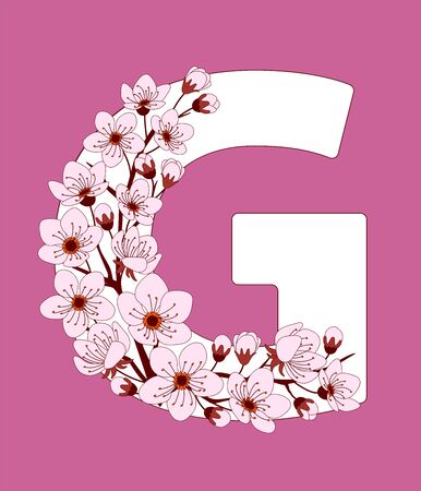 Capital letter G patterned with hand drawn doodle flowers of cherry blossom. Colorful vector illustration font with sakura twigs. Letter of alphabet English language. EPS 10のイラスト素材