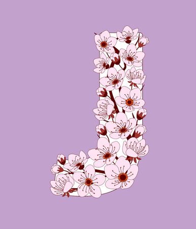 Capital letter J patterned with hand drawn doodle flowers of cherry blossom. Colorful vector illustration font with sakura twigs. Letter of alphabet English language. EPS 10のイラスト素材