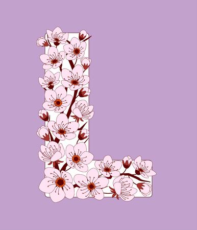 Capital letter L patterned with hand drawn doodle flowers of cherry blossom. Colorful vector illustration font with sakura twigs. Letter of alphabet English language. EPS 10のイラスト素材