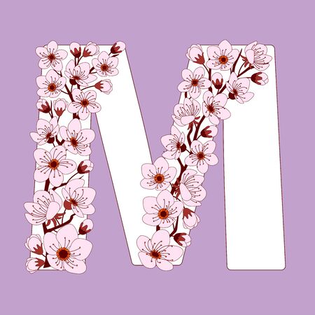 Capital letter M patterned with hand drawn doodle flowers of cherry blossom. Colorful vector illustration font with sakura twigs. Letter of alphabet English language. EPS 10

のイラスト素材