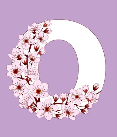 Capital letter O patterned with hand drawn doodle flowers of cherry blossom. Colorful vector illustration font with sakura twigs. Letter of alphabet English language. EPS 10

のイラスト素材