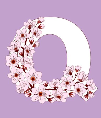 Capital letter Q patterned with hand drawn doodle flowers of cherry blossom. Colorful vector illustration font with sakura twigs. Letter of alphabet English language. EPS 10のイラスト素材