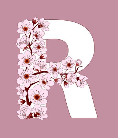 Capital letter R patterned with hand drawn doodle flowers of cherry blossom. Colorful vector illustration font with sakura twigs. Letter of alphabet English language. EPS 10のイラスト素材
