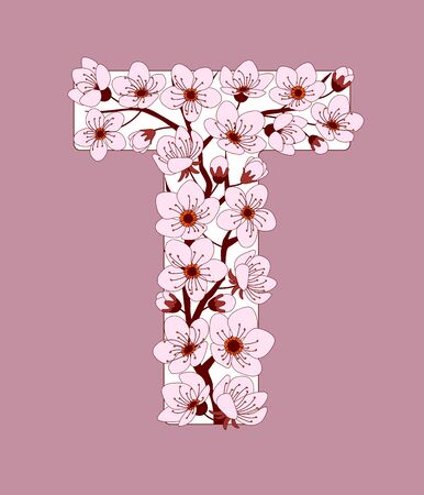 Capital letter T patterned with hand drawn doodle flowers of cherry blossom. Colorful vector illustration font with sakura twigs. Letter of alphabet English language. EPS 10のイラスト素材