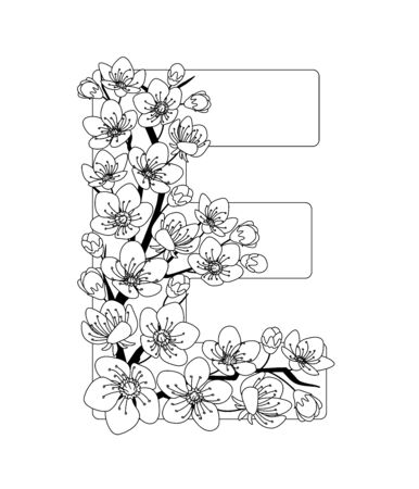 Capital letter E patterned with contour hand drawn doodle blossom cherry. Monochrome page anti stress adult coloring book.のイラスト素材