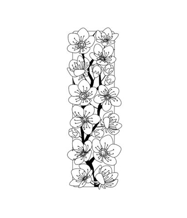 Capital letter I patterned with contour hand drawn doodle blossom cherry. Monochrome page anti stress adult coloring book.のイラスト素材