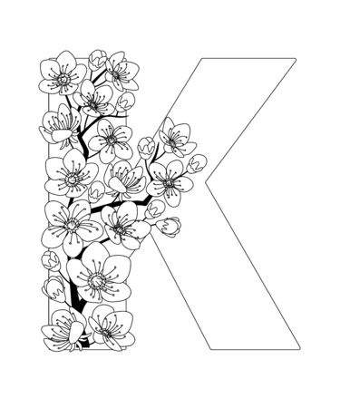 Capital letter K patterned with contour hand drawn doodle blossom cherry. Monochrome page anti stress adult coloring book.のイラスト素材