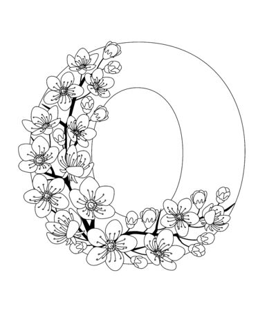 Capital letter O patterned with contour hand drawn doodle blossom cherry. Monochrome page anti stress adult coloring book.のイラスト素材
