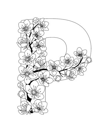 Capital letter P patterned with contour hand drawn doodle blossom cherry. Monochrome page anti stress adult coloring book.のイラスト素材